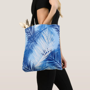Bolsa Tote Impressão de folha de palma, cobalto, branco e azu