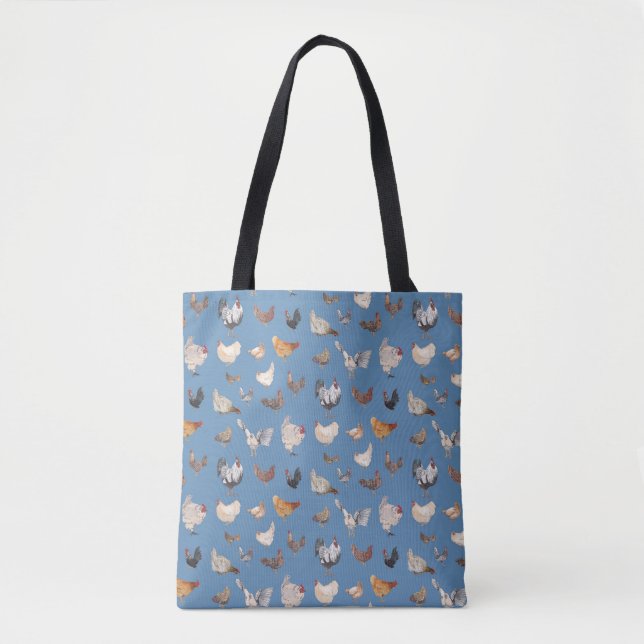 Bolsa Tote Impressão de frango com aquarela no azul Denim (Frente)