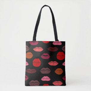 Bolsa Tote Impressão de lábios, beijos rosas vermelhos.