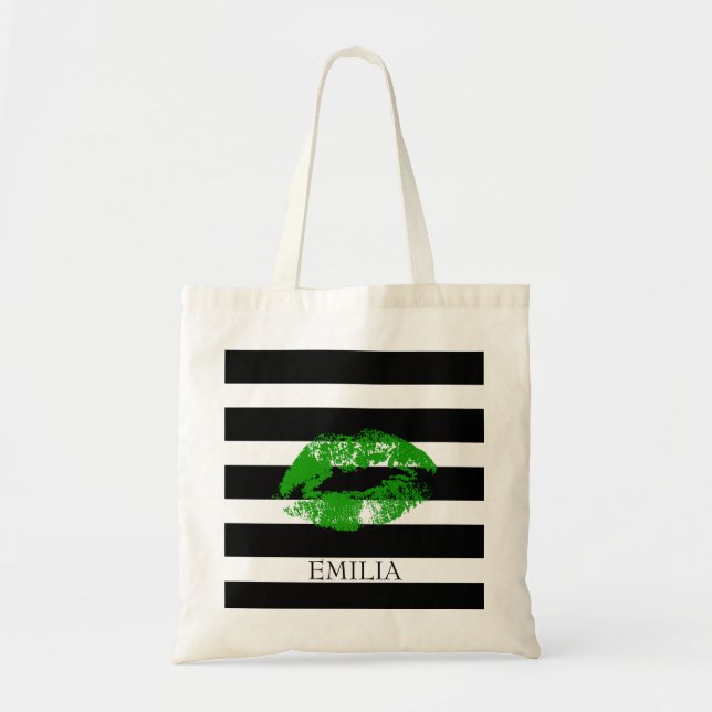 Bolsa Tote Impressão De Lábios E Listras Verdes (Frente)