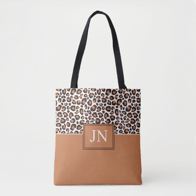Bolsa Tote Impressão de leopardo marrom na moda com iniciais (Frente)