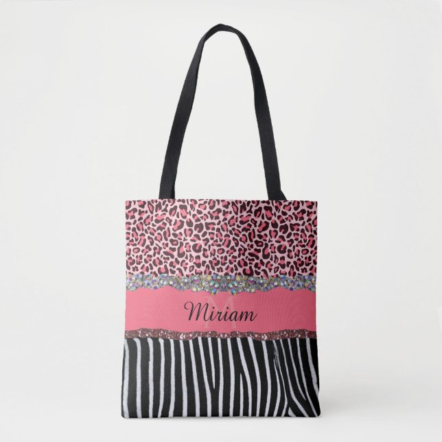 Bolsa Tote Impressão de Leopardo Menina Glitter Rosa Rico (Frente)
