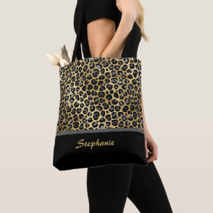 Bolsa Tote Impressão de leopardo personalizada Preto, Cinza