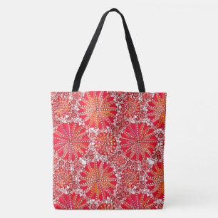 Bolsa Tote Impressão de Mandala Tribal, Vermelho Coral e Bran
