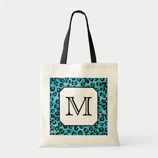 Bolsa Tote Impressão do leopardo da cerceta, monograma feito (Frente)