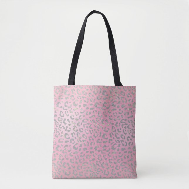 Bolsa Tote Impressão do Leopardo de Prata Rosa Pastel (Frente)