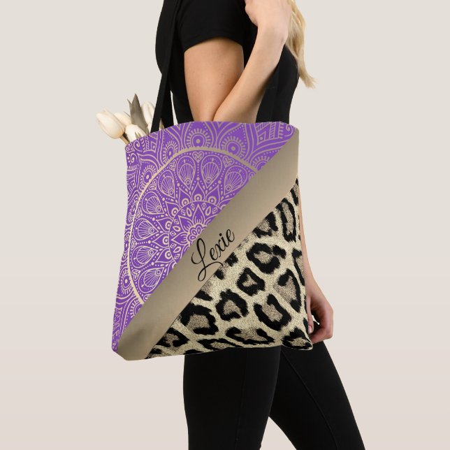 Bolsa Tote Impressão Dourada de Mandala Leopardo (Close Up)