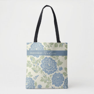 Bolsa Tote Impressão em bloco Floral Azul Verde com Listra Az