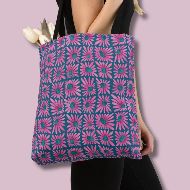 Bolsa Tote Impressão em Bloco Floral Rosa Retro Margarida (Pink floral daisy retro block print tote bag)