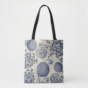 Bolsa Tote Impressão Flor Azul Antiquado Floral