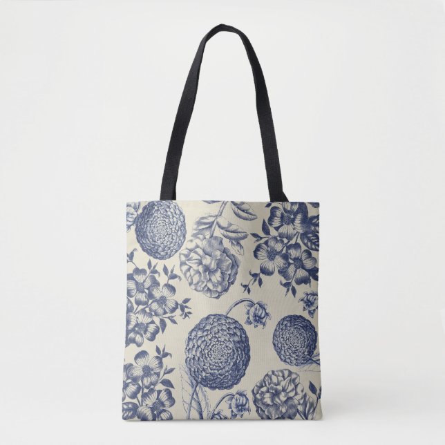 Bolsa Tote Impressão Flor Azul Antiquado Floral (Frente)