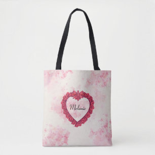 Bolsa Tote Impressão Floral de Aquarela Desbotada com Coração