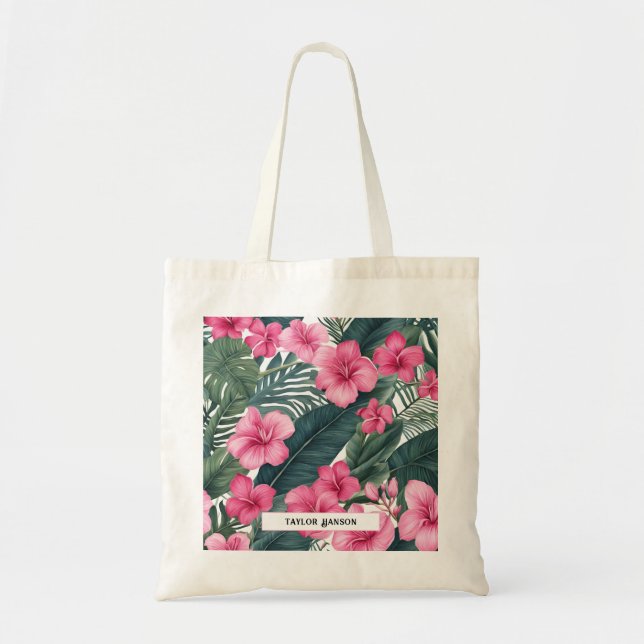 Bolsa Tote Impressão Floral de Feriado Tropical de Rosa Perso (Frente)