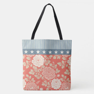Bolsa Tote Impressão Floral Vermelha com Listras Azuis e Estr