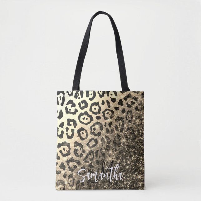Bolsa Tote Impressão Leopard da Glitter do ouro (Frente)