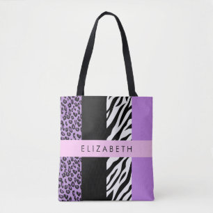 Bolsa Tote Impressão Leopardo, Impressão Zebra, Roxo, Seu Nom