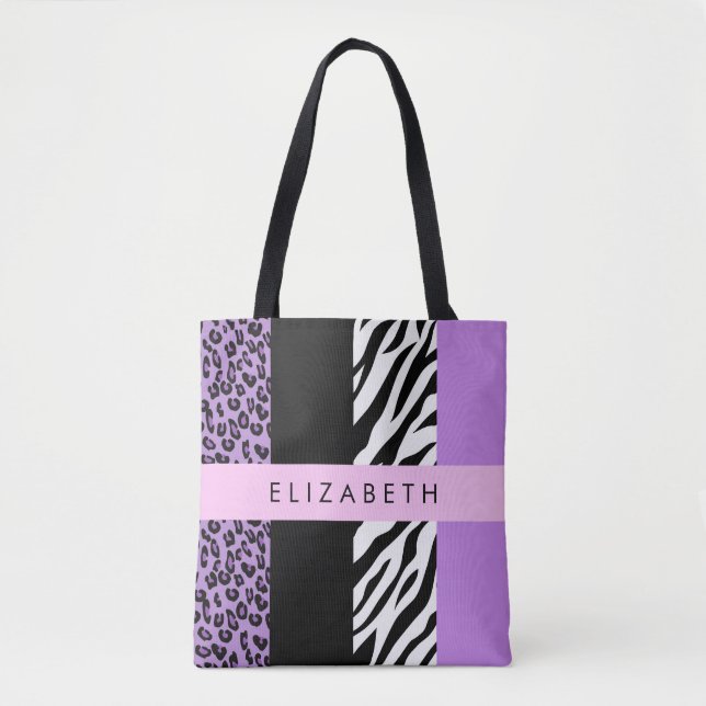 Bolsa Tote Impressão Leopardo, Impressão Zebra, Roxo, Seu Nom (Frente)