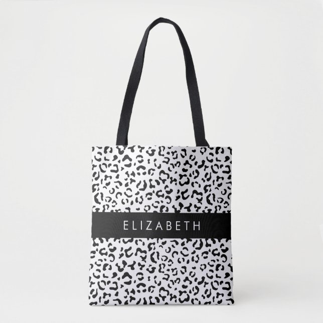 Bolsa Tote Impressão Leopardo, Manchas, Preto E Branco, Seu N (Frente)