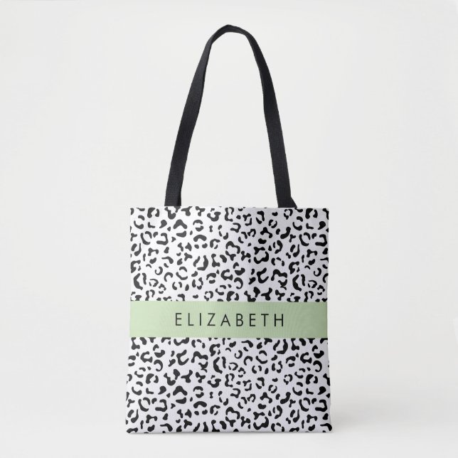Bolsa Tote Impressão Leopardo, Manchas, Preto E Branco, Seu N (Frente)