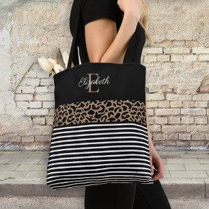Bolsa Tote Impressão Negra-Leopardo-Preta de Monograma Elegan
