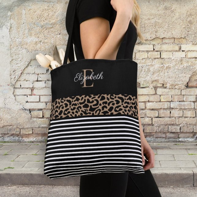 Bolsa Tote Impressão Negra-Leopardo-Preta de Monograma Elegan (Criador carregado)