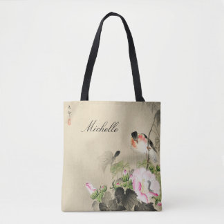 Bolsa Tote Impressão Pink Blossom de Aves Vintage Japonês