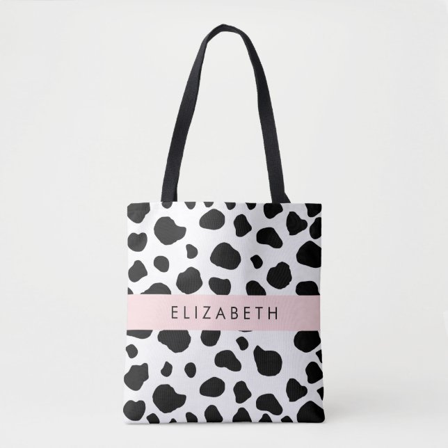 Bolsa Tote Impressão, Pontos De Vaca, Preto E Branco, Seu Nom (Frente)