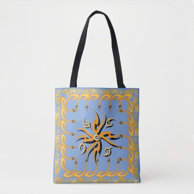 Bolsa Tote Impressão tribal azul e laranja (Frente)