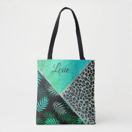 Bolsa Tote Impressão Tropical Leopardo de Teal com Glittery