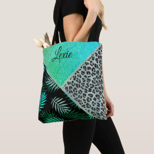 Bolsa Tote Impressão Tropical Leopardo de Teal com Glittery