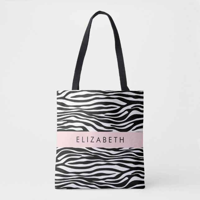 Bolsa Tote Impressão Zebra, Stripes, Preto E Branco, Seu Nome (Frente)