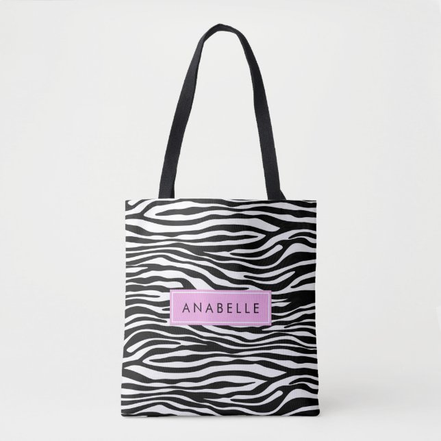 Bolsa Tote Impressão Zebra, Zebra, Preto E Branco, Seu Nome (Frente)