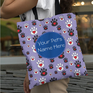 Bolsa Tote Impressões de patas com corações vermelhos em azul