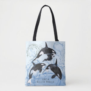 Bolsa Tote Incrível "Black and White Watercolor Orcas"