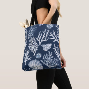 Bolsa Tote Índigo Azul Marinho Vintage Coral Costeiro & Conch