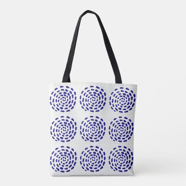 Bolsa Tote Indigo - padrão circular azul-escuro em branco (Verso)