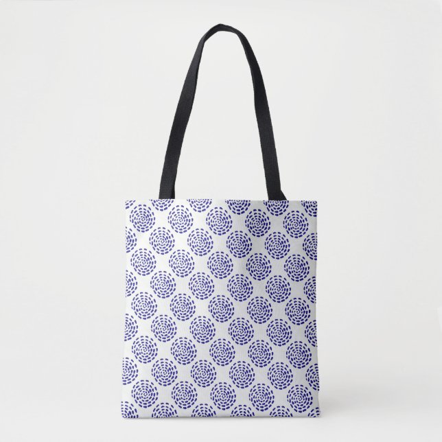 Bolsa Tote Indigo - padrão circular azul-escuro em branco (Frente)