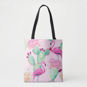 Bolsa Tote Inflamingo rosa, aves exóticas, flores suaves, ros