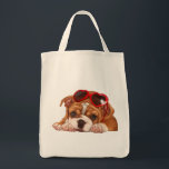 Bolsa Tote Inglês Buldoppy<br><div class="desc">Adorável cachorrinho inglês com óculos escuros,  em fundo listrado rosa,  pintado pela artista Maryline Cazenave.</div>