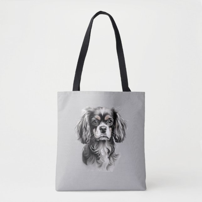 Bolsa Tote Inglês Toy Spaniel Black e White Silhouette (Frente)