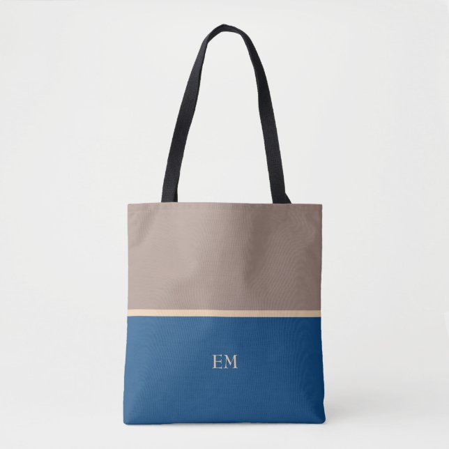 Bolsa Tote Iniciais de Monograma Azul Mínimo Moderno (Frente)