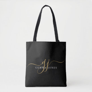 Bolsa Tote Iniciais de Monograma de Script Dourado Moderno
