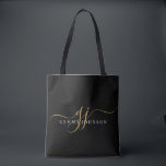 Bolsa Tote Iniciais de Monograma de Script Ouro Moderno Preto<br><div class="desc">Uma bolsa de tote elegante e minimalista,  com nome sans serif e elegante guião de uísque em preto.</div>