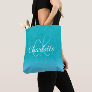 Bolsa Tote Iniciais de monograma verde aqua azul-teal