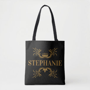 Bolsa Tote Iniciais Elegante Coroa Preta e Dourada
