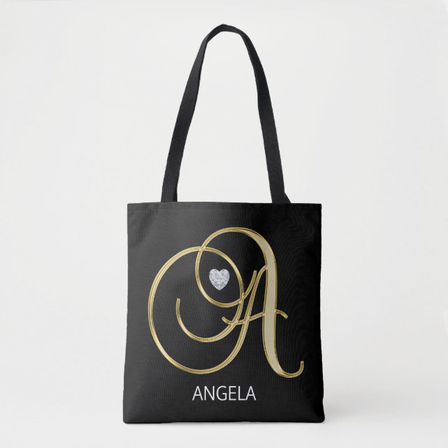 Bolsa Tote Iniciais Monogrammed pretas Dourados elegantes A (Frente)