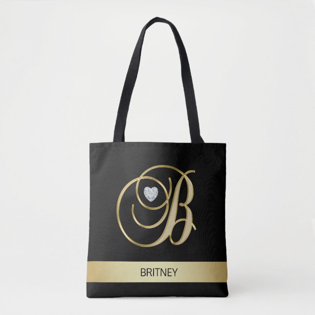 Bolsa Tote Iniciais Monogrammed pretas Dourados originais B (Frente)