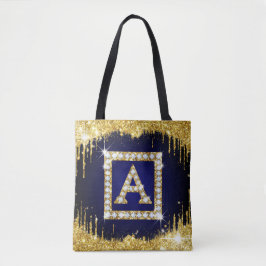 Bolsa Tote Inicial A com Monograma Dourado e Brilho Azul