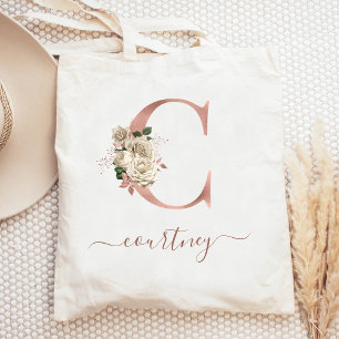 Bolsa Tote Inicial C em Floral Marfim Rosa Dourado