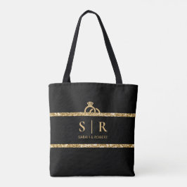 Bolsa Tote Inicial de Monograma com Brilho Preto e Dourado pa